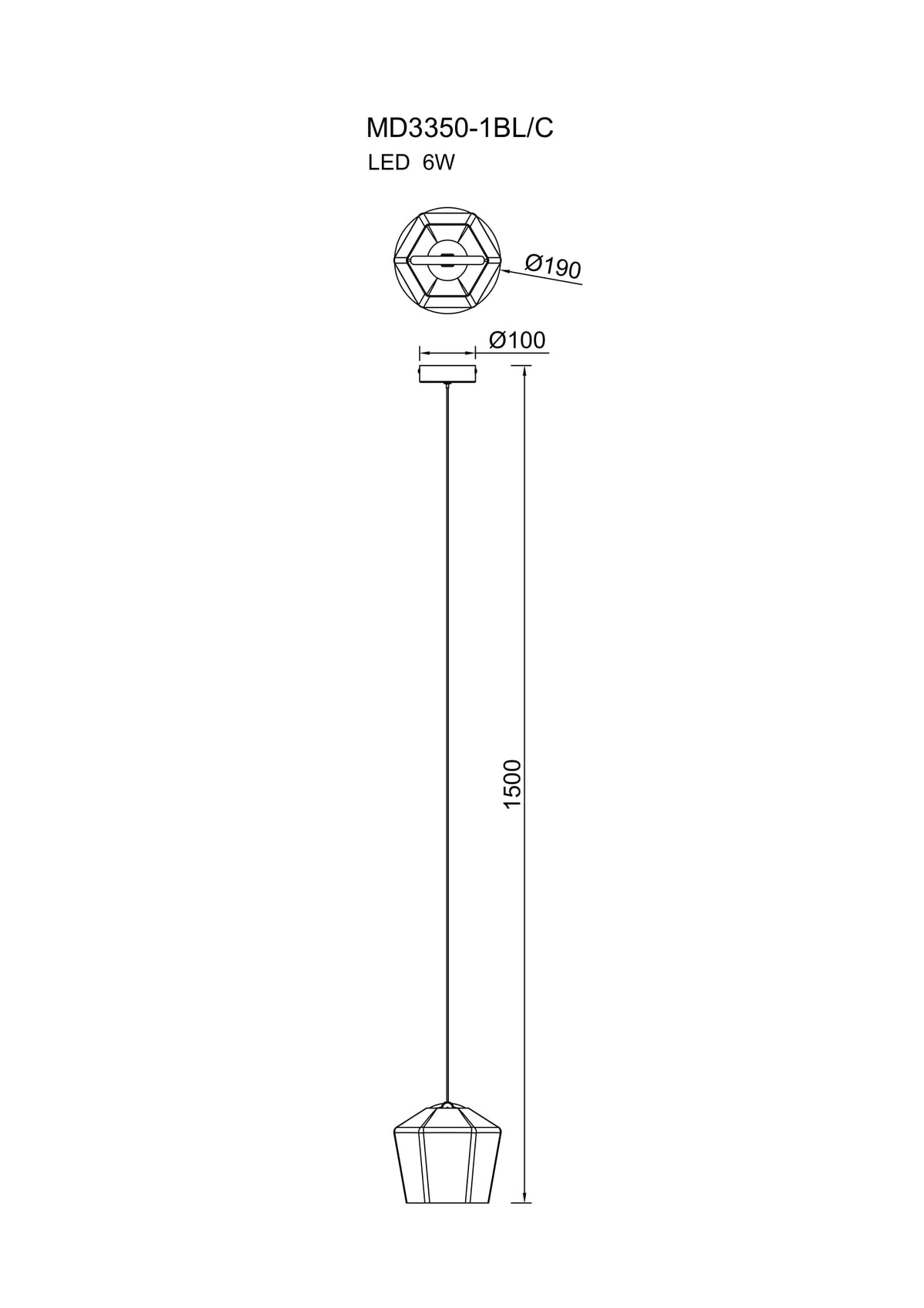 Schéma de dimensions du luminaire, diamètre de l'abat-jour et hauteur totale suspendue
