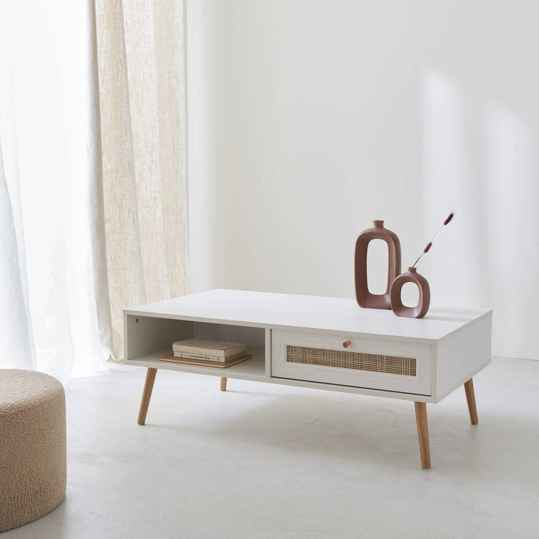 Alice'S Home - Table Basse En Cannage 110X59X39Cm - Bohème - Blanc. 1 Tiroir. 1 Espace De Rangement. Pieds Scandinaves | Designix - Amazon    - https://designix.fr/