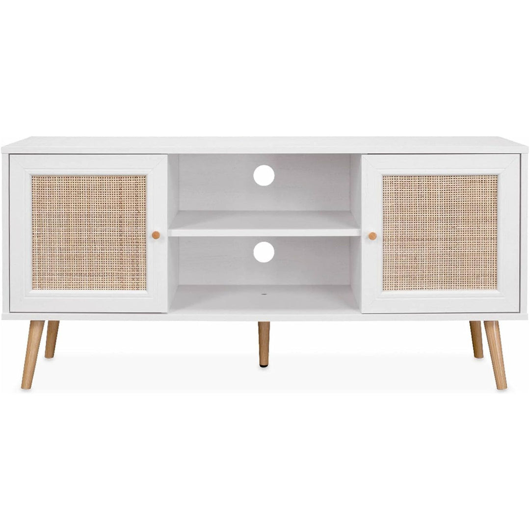 Alice'S Home - Meuble TV En Cannage 120X39X56.5Cm - Bohème - Blanc. 2 Niveaux. 2 Étagères. 2 Portes. Pieds Scandinaves | Designix - Amazon    - https://designix.fr/