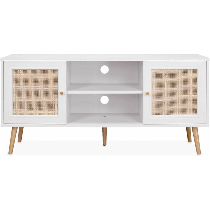 Alice'S Home - Meuble TV En Cannage 120X39X56.5Cm - Bohème - Blanc. 2 Niveaux. 2 Étagères. 2 Portes. Pieds Scandinaves | Designix - Amazon    - https://designix.fr/