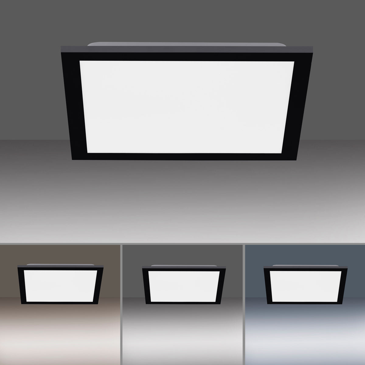Présentation du plafonnier dans trois ambiances lumineuses : chaude, neutre et froide.
