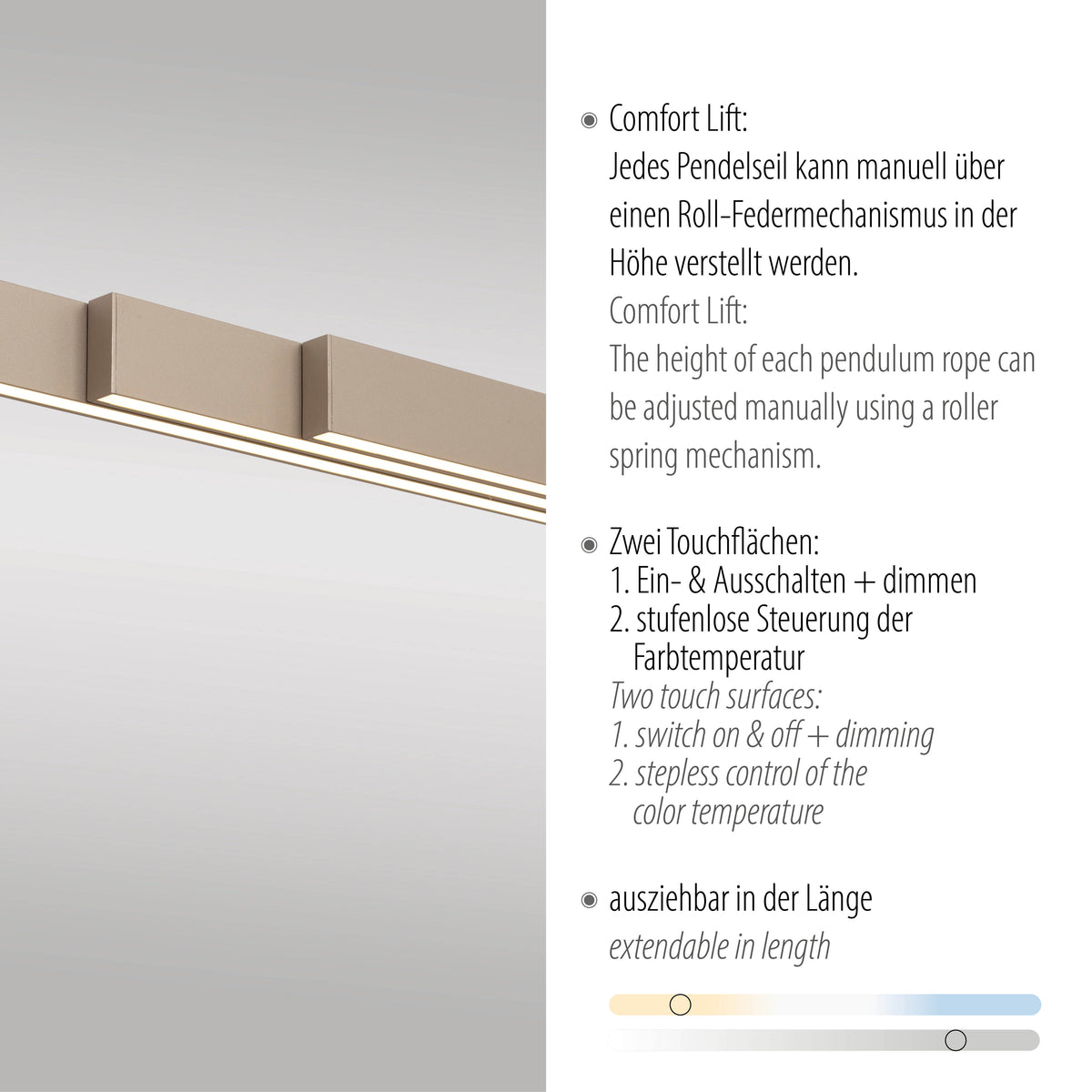 Détail de la barre lumineuse et texte sur le réglage Comfort Lift et les touches tactiles.