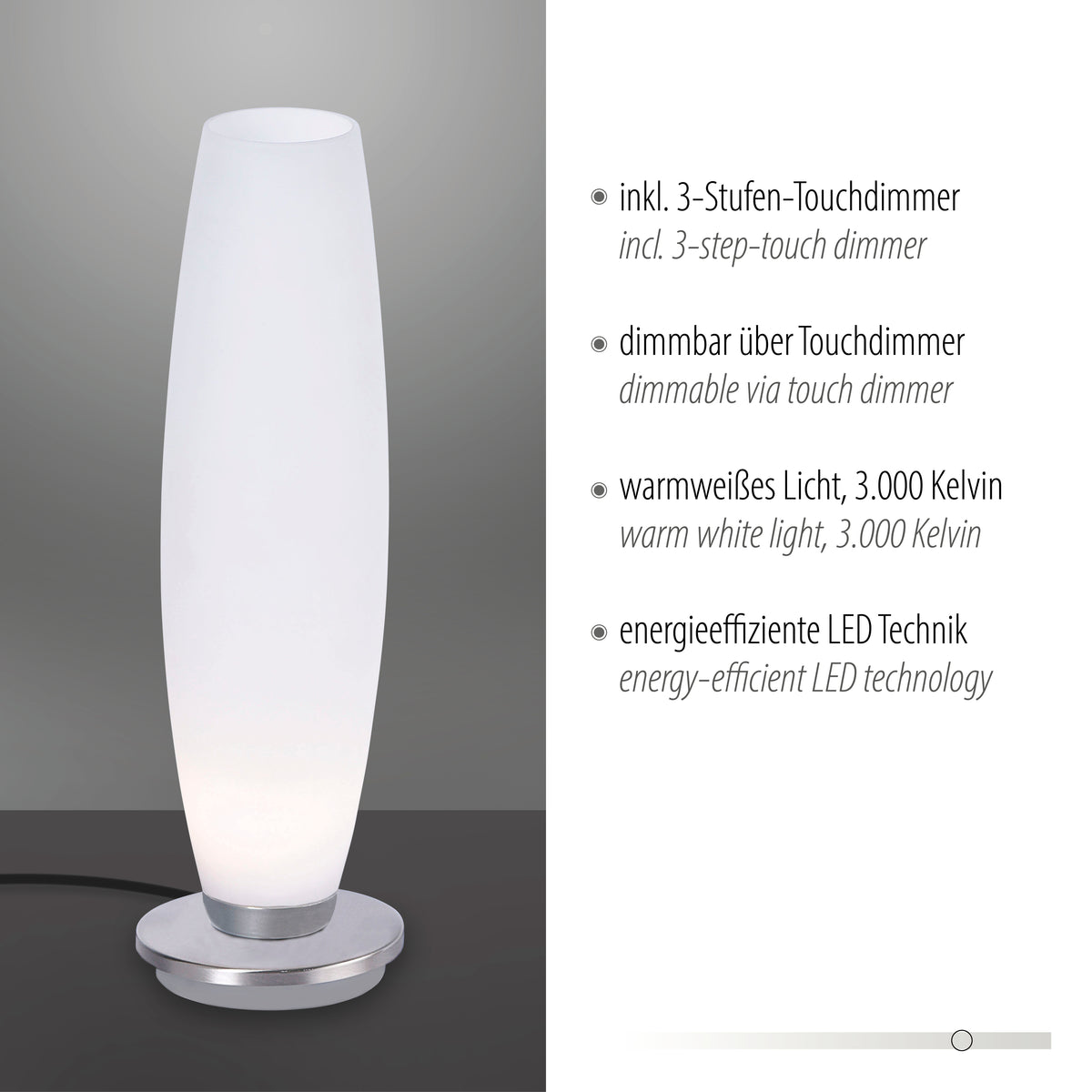Visuel technique avec liste des caractéristiques, lampe à poser et texte sur variateur tactile.