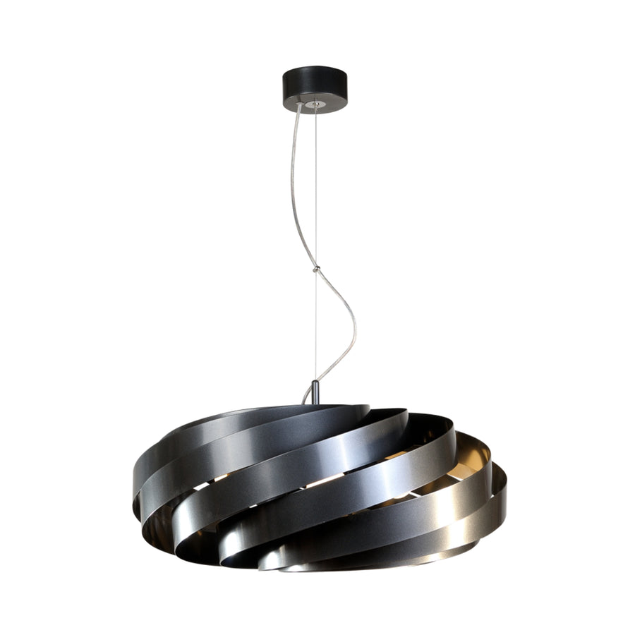 Suspension anthracite vue de face sur fond blanc, rubans métalliques en spirale