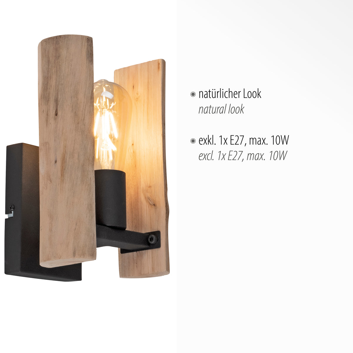 Détail de l'applique avec mention naturel look et caractéristiques douille E27 max 10W.