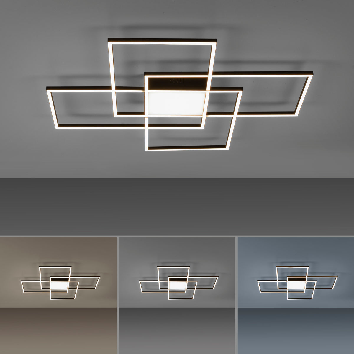Plafonnier noir allumé, décliné en plusieurs températures de couleur sur fond gris.