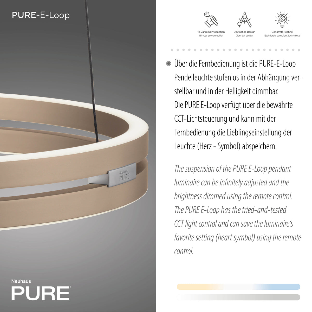 Gros plan sur l'anneau et le module LED avec télécommande et réglage CCT.