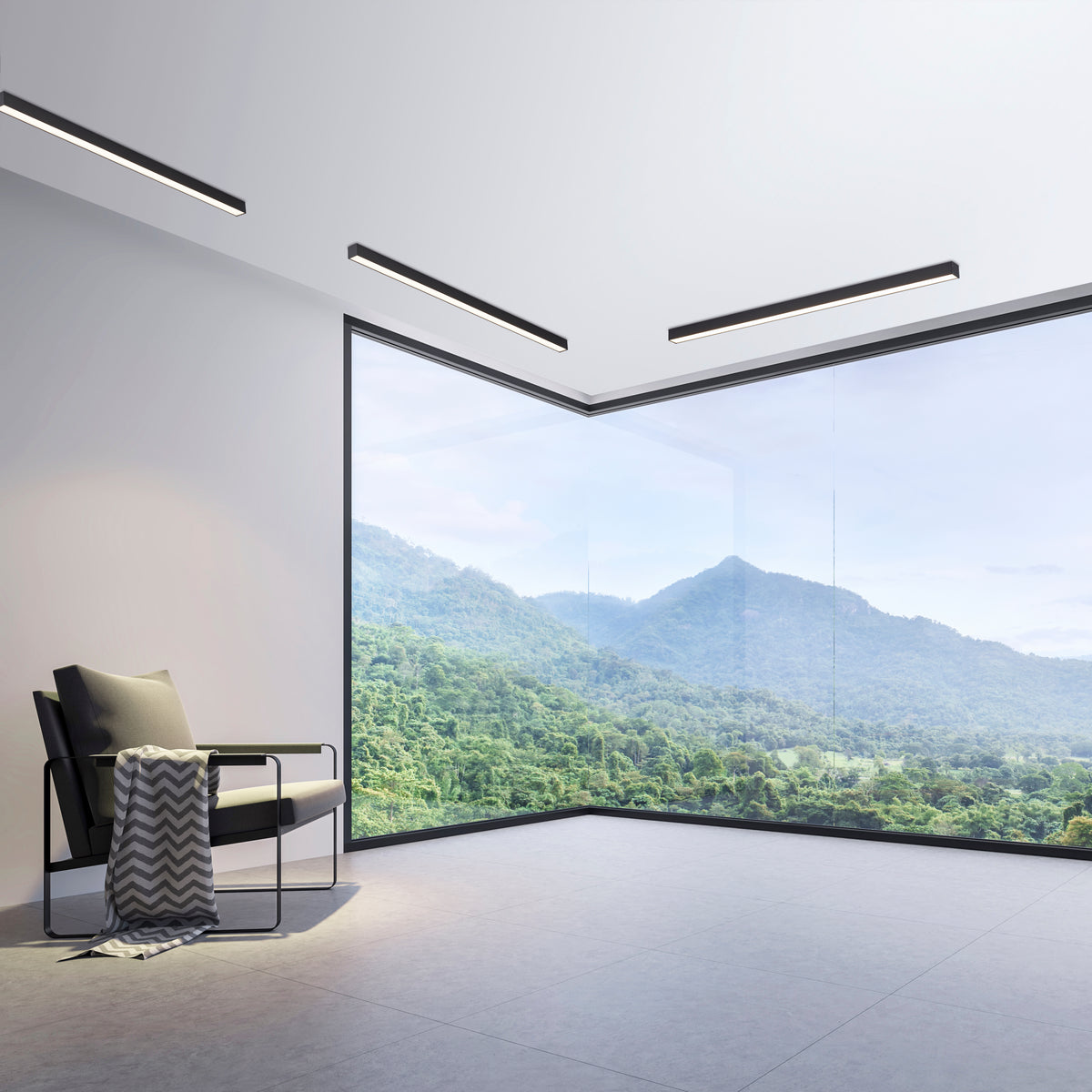 Mise en ambiance dans un salon moderne avec vue sur la montagne