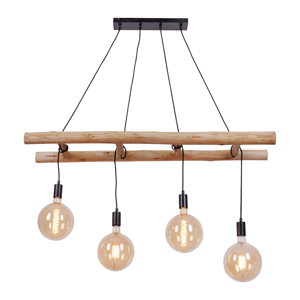 Suspension présentée sur fond blanc, câbles noirs et structure en bois naturel