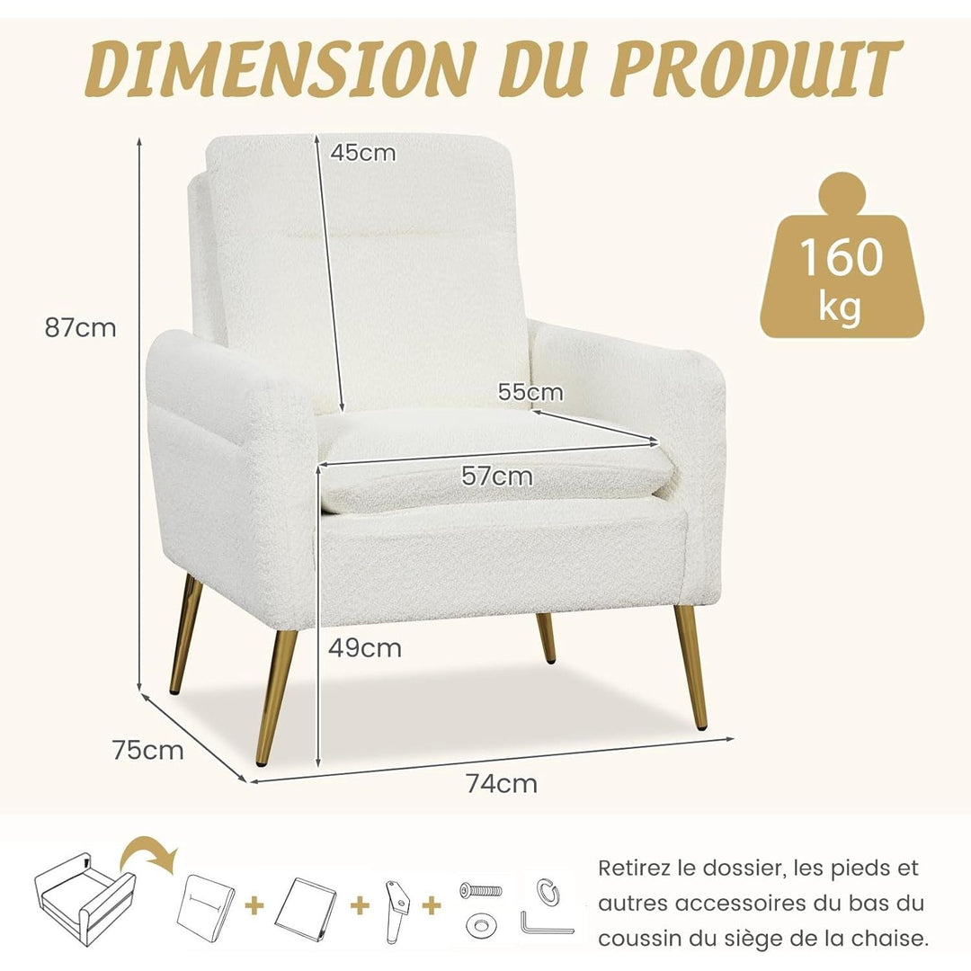 Fauteuil Salon Scandinave En Tissu Bouclette, Fauteuil Crapaud Avec Coussin Rembourré Et Pieds Métalliques Coniques, Fauteuil De Lecture 1 Personne Pour Salon, Chambre, Blanc | Designix -     - https://designix.fr/