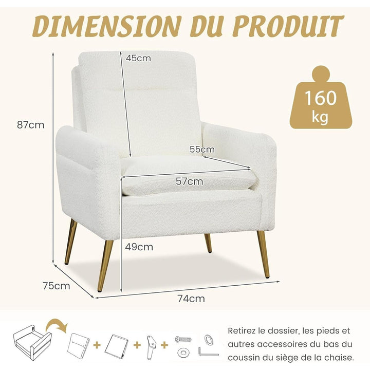 Fauteuil Salon Confortable 75X74X87CM Fauteuil De Salon Moderne Avec Dossier Incliné Surélevé|Accoudoirs Ergonomiques|Surface En Molleton Sherpa|Coussin Épais Rembourré D'Éponge, Blanc | Designix -     - https://designix.fr/