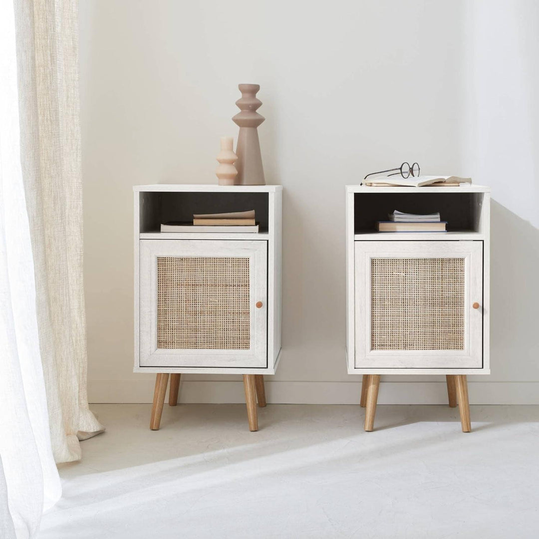 Alice'S Home - Lot De 2 Tables De Chevet En Cannage - Bohème - 40X39X65.8Cm Blanc - 2 Niveaux - 1 Portes - 1 Espace De Rangement - Pieds Scandinaves | Designix - Amazon    - https://designix.fr/