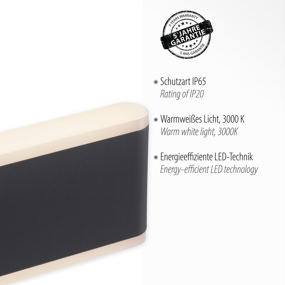Détail de l'applique avec mentions IP65, 3000 K et garantie cinq ans.