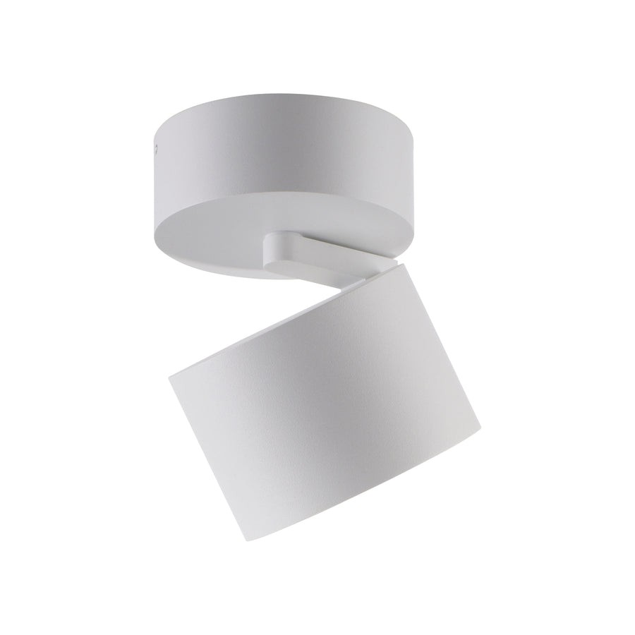 Vue de profil sur fond blanc du plafonnier cylindrique blanc orientable.