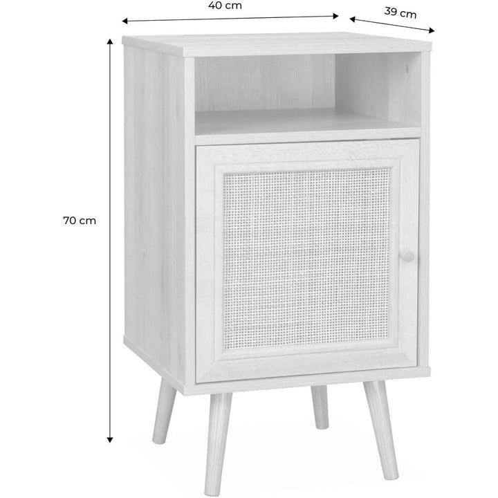 Alice'S Home - Table De Chevet Décor Bois Blanc En Cannage - Bohème - 40X39X65.8Cm. Blanc - 2 Niveaux - 1 Porte - 1 Espace De Rangement - Pieds Scandinaves | Designix - Amazon    - https://designix.fr/