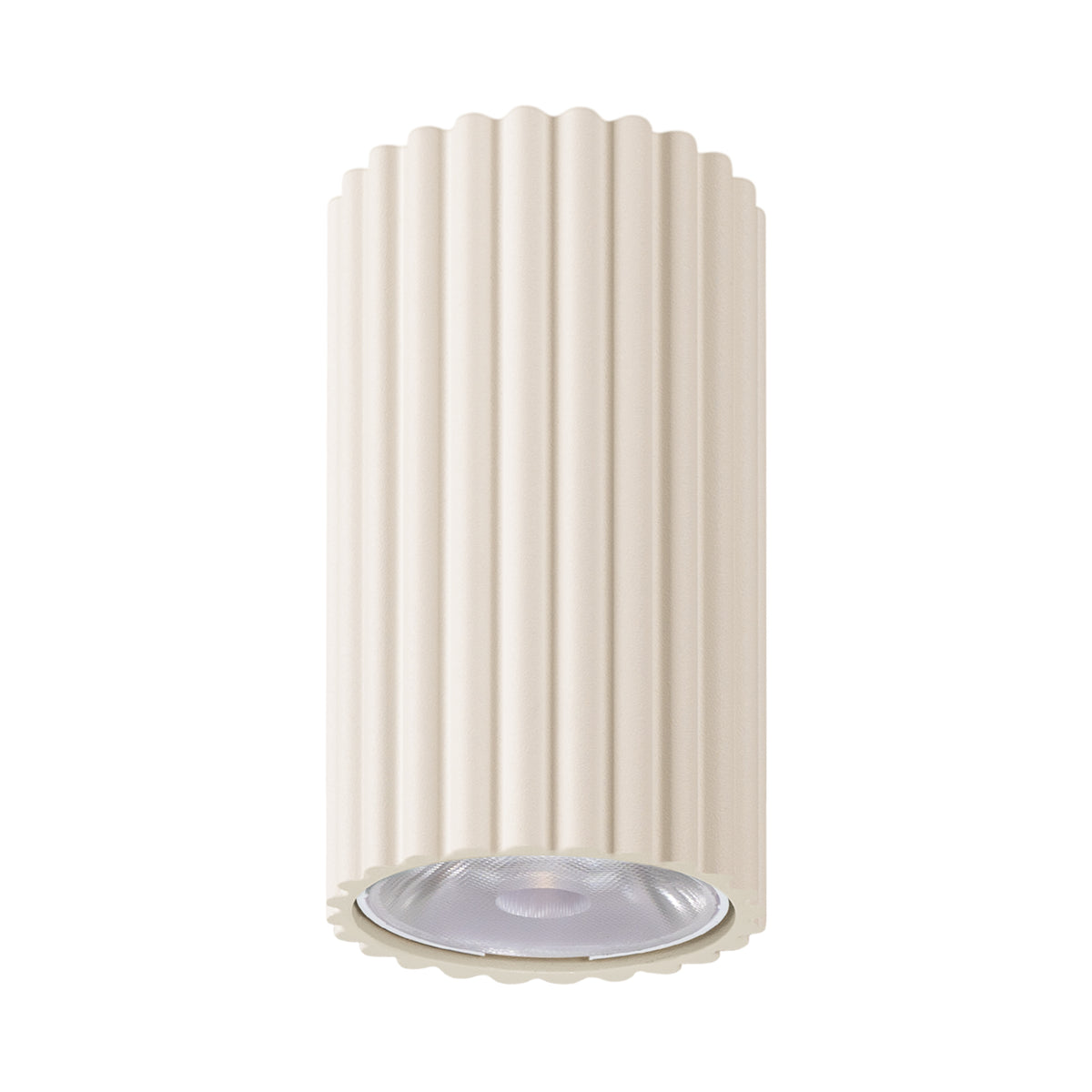 Version ivoire du plafonnier, stries verticales et diffuseur LED apparent.