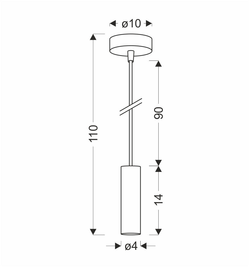 Schéma technique coté de la suspension : diamètre rosace, hauteur câble et corps cylindrique