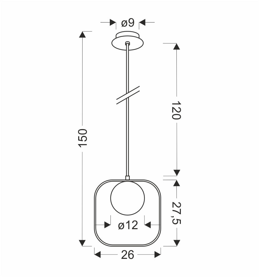 Schéma coté du luminaire : hauteur 150 cm, largeur 26 cm et globe de 12 cm.