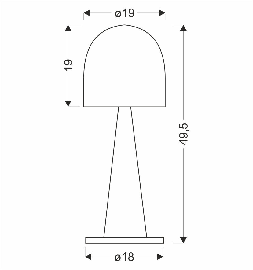 Schéma technique coté du luminaire, hauteur totale 49,5 cm et diamètres indiqués