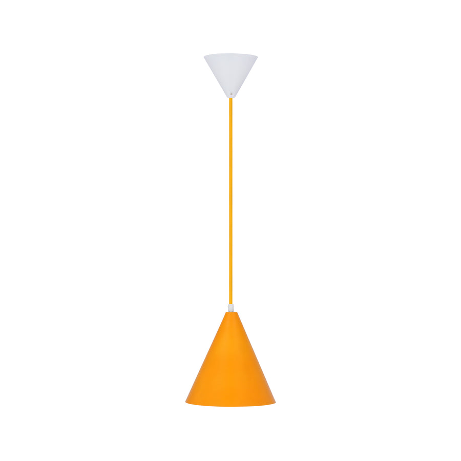 Suspension conique orange avec câble et rosace blancs, produit présenté de face sur fond neutre.