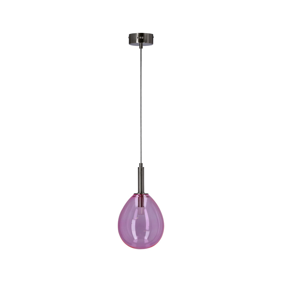 Suspension rose pâle en verre, vue de face sur fond blanc avec câble et rosace chromée.