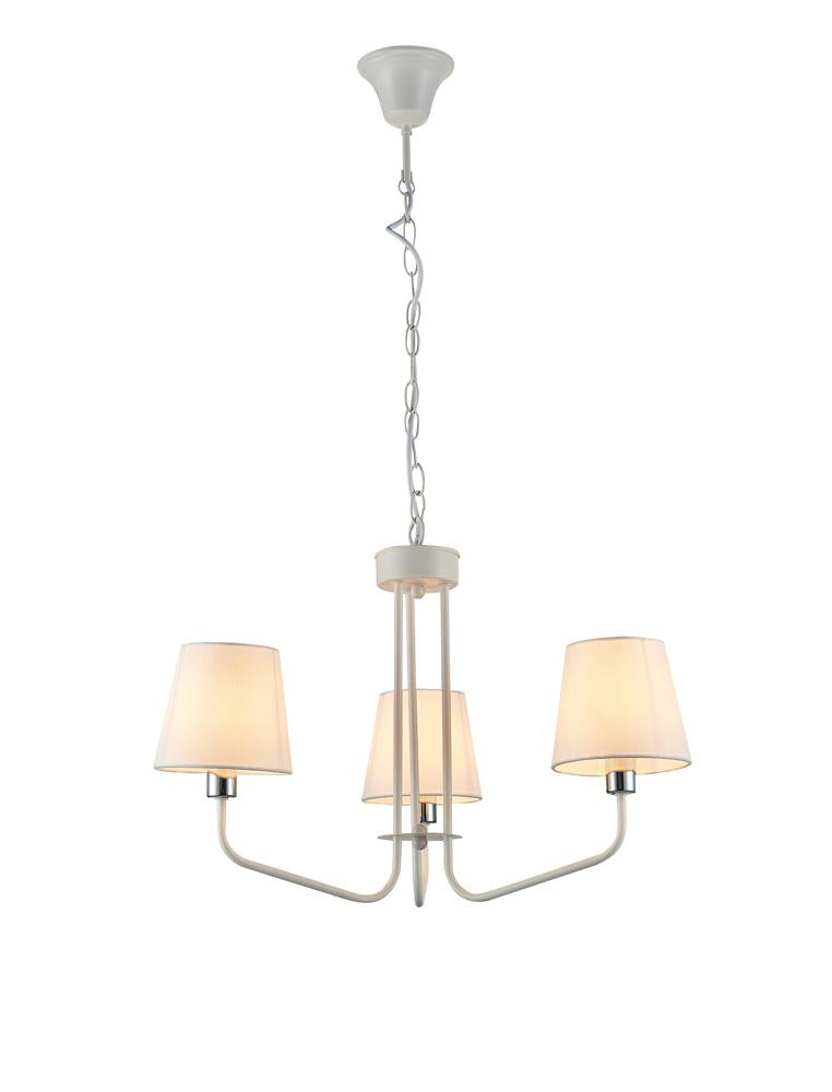 Lustre trois lumières à abat-jours en tissu blanc, vue de face sur fond neutre