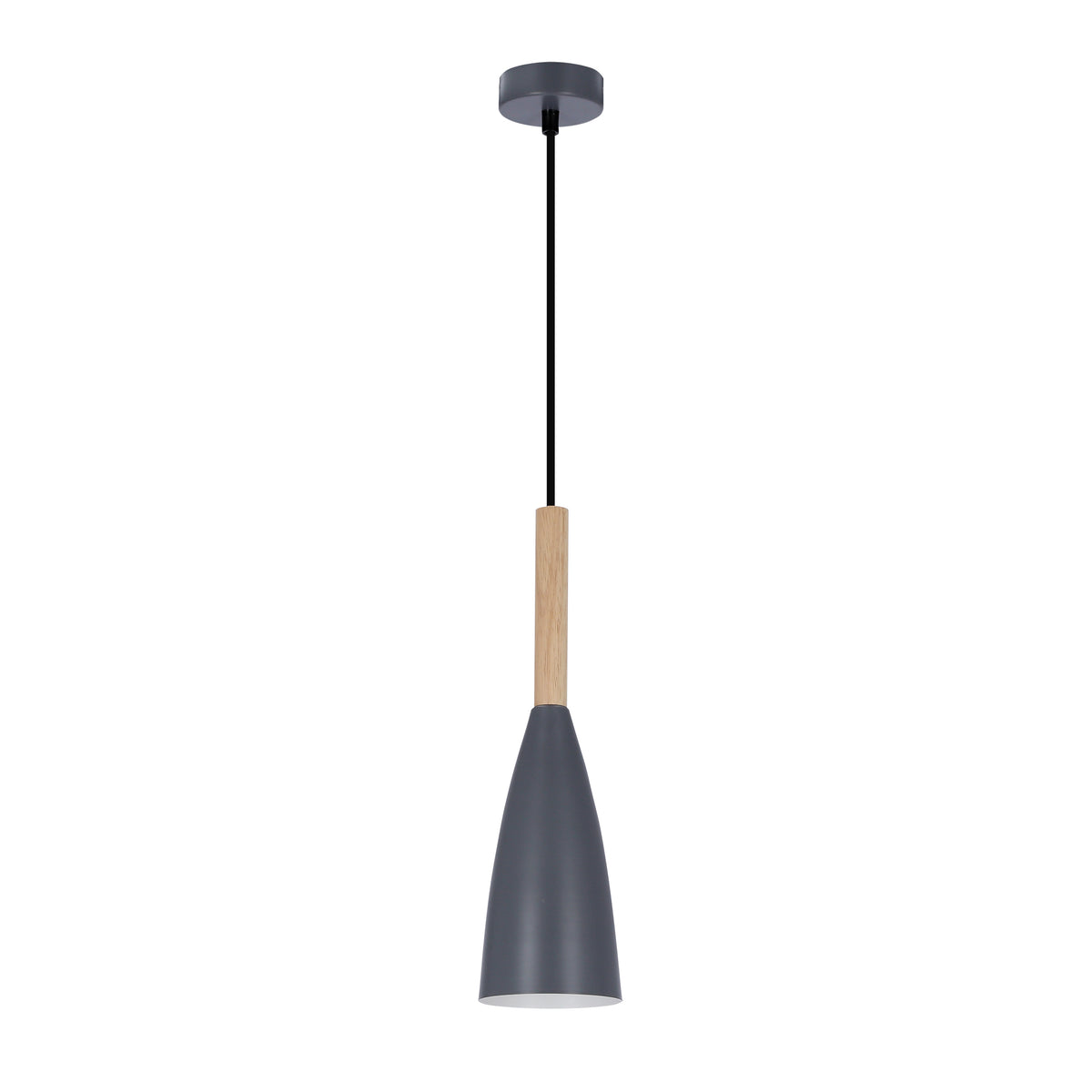 Suspension noire mate avec détail en bois et câble noir, vue produit.