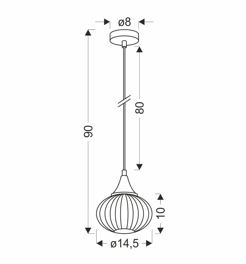 Schéma technique coté : diamètre 14,5 cm, hauteur 10 cm, câble réglable à 80 cm