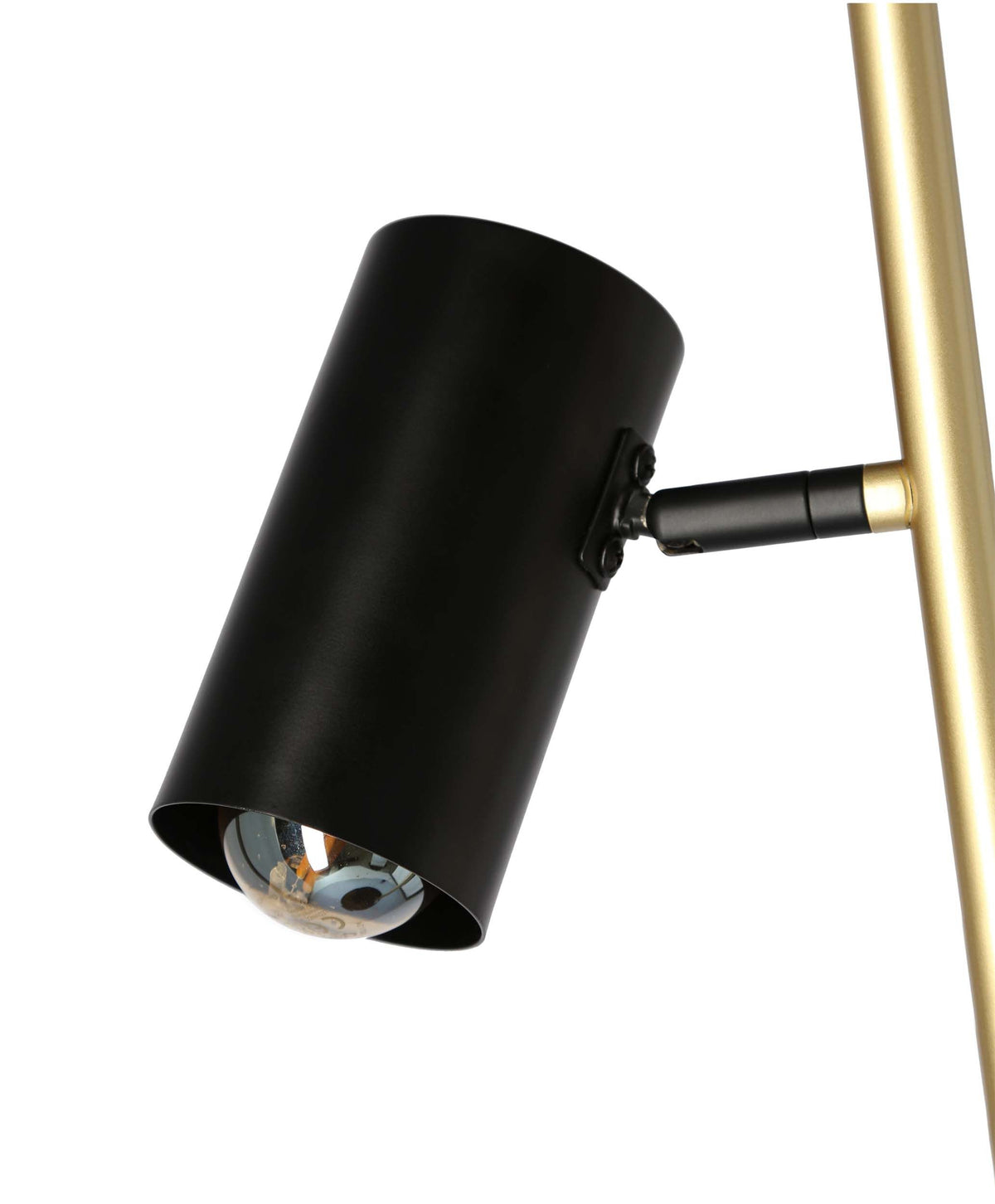 Détail du spot cylindrique noir mat avec ampoule et tige dorée