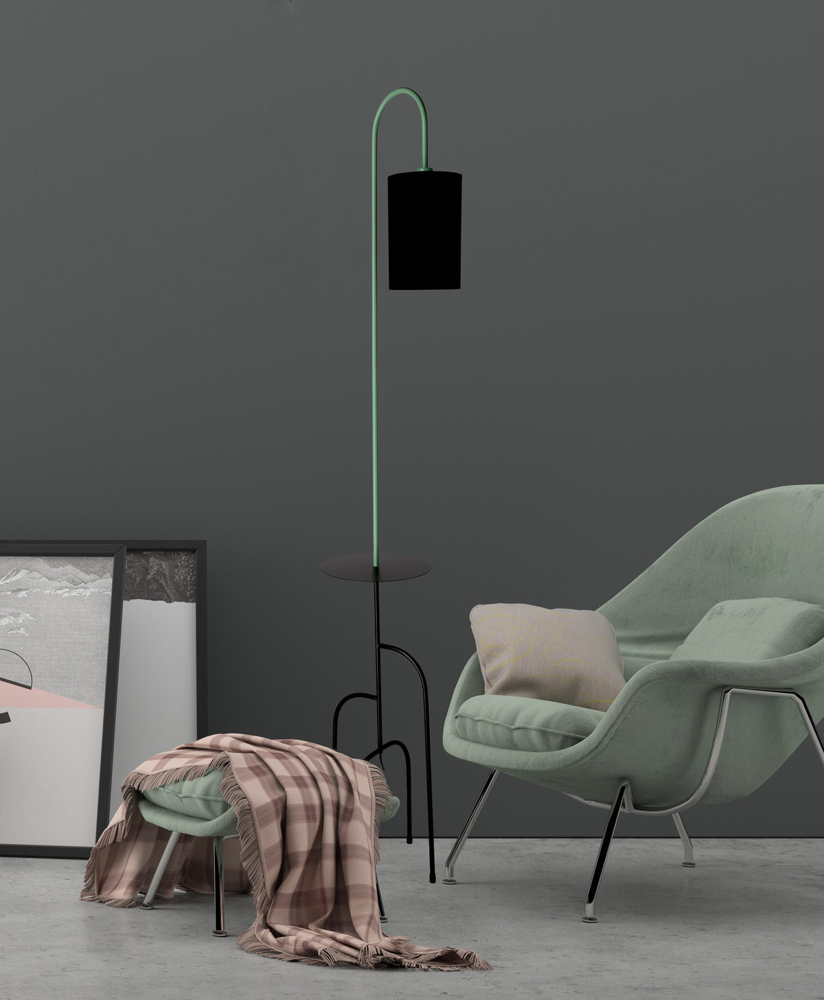 Lampadaire vert devant mur gris anthracite, fauteuil vert et plaid rose