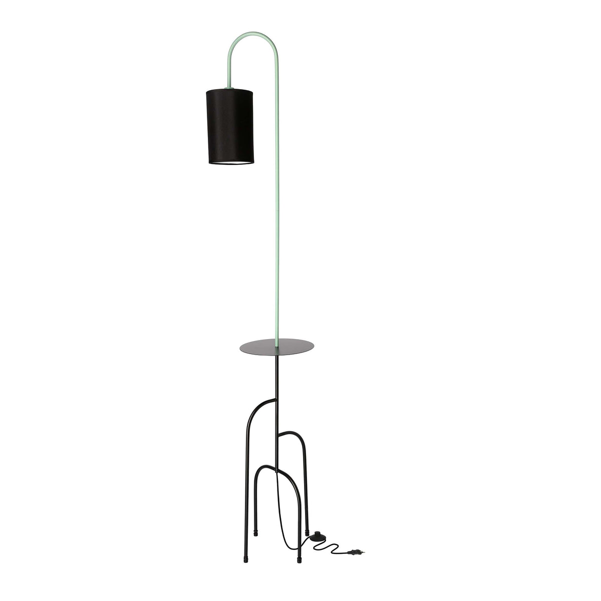 Vue du lampadaire vert avec plateau circulaire noir et câble apparent