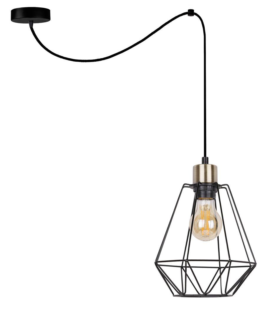 Suspension noire à cage métallique géométrique, douille laiton et ampoule filament, fond blanc