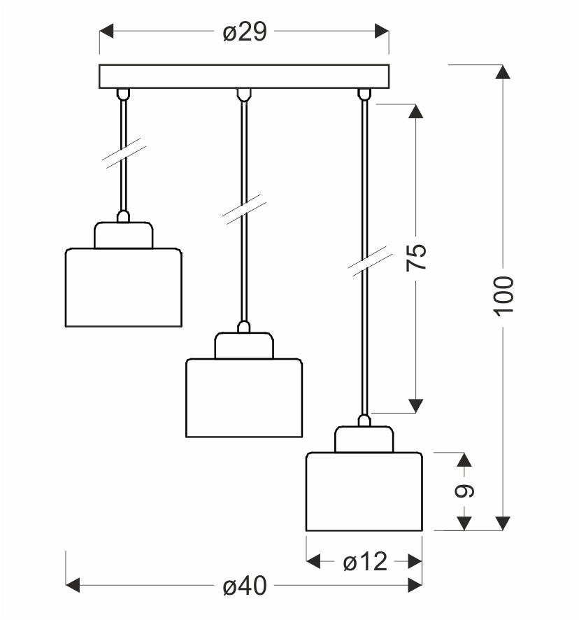 Schéma coté du luminaire : diamètre 29 cm, hauteur 100 cm, abat-jour 12 cm