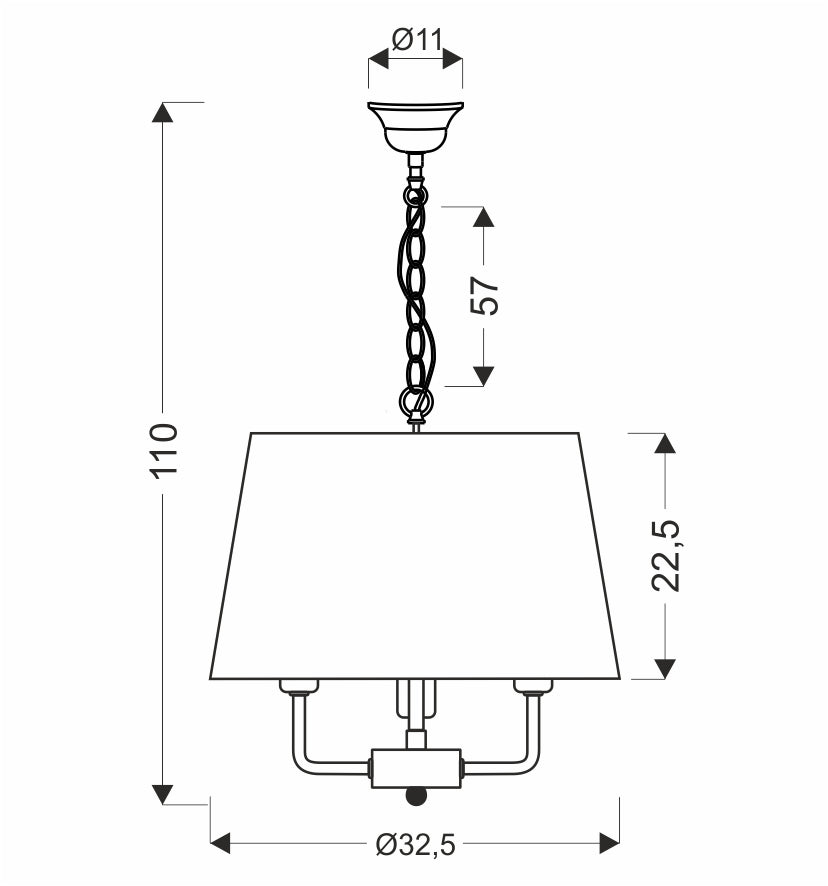 Schéma technique coté du luminaire : hauteur 110, diamètre abat-jour 32,5, chaîne 57.