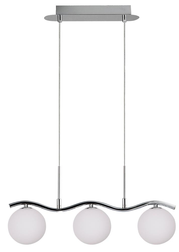 Suspension trois globes de verre blanc sur barre chromée ondulée, vue de face