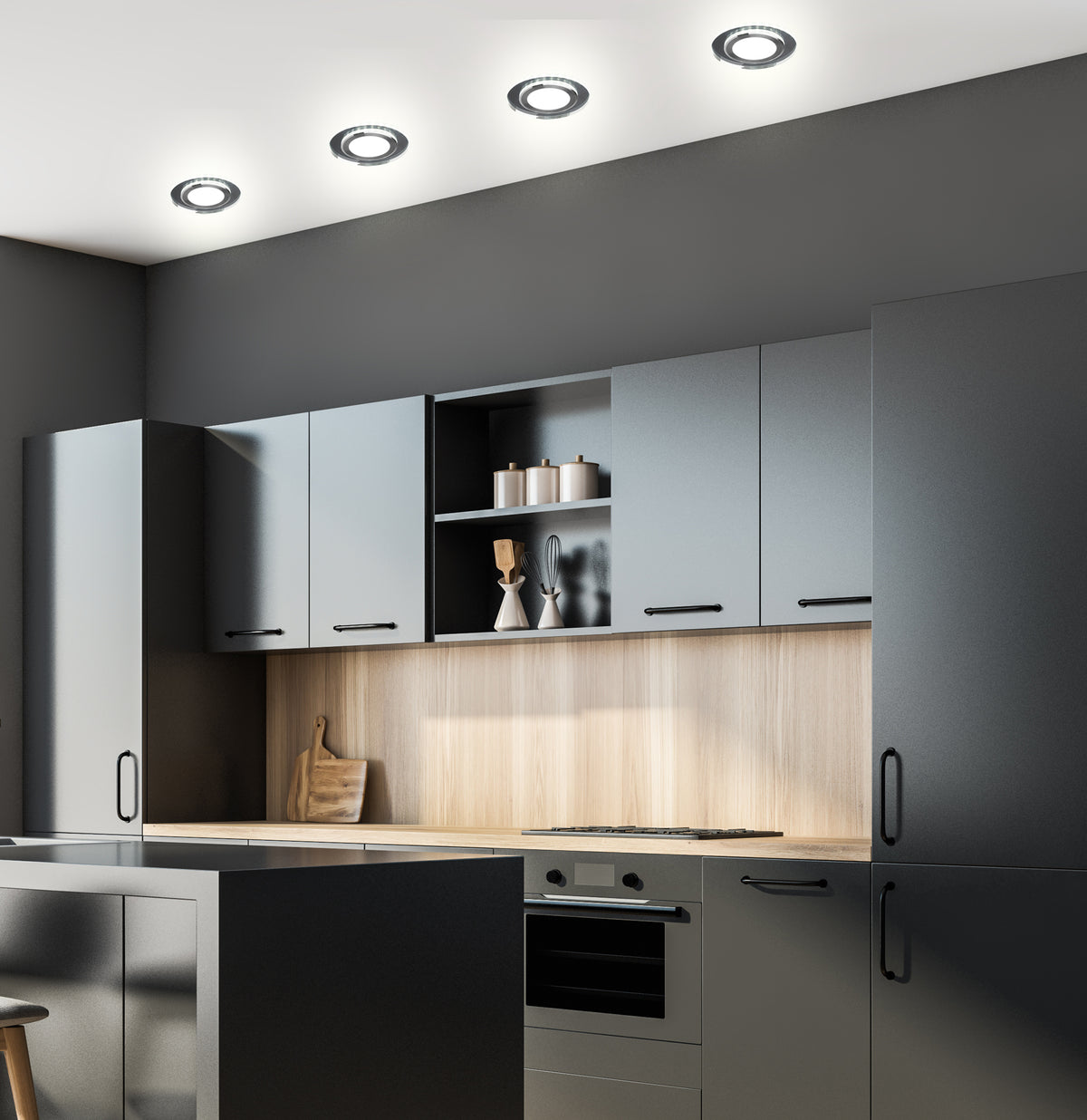 Quatre spots encastrés au plafond d'une cuisine moderne gris anthracite