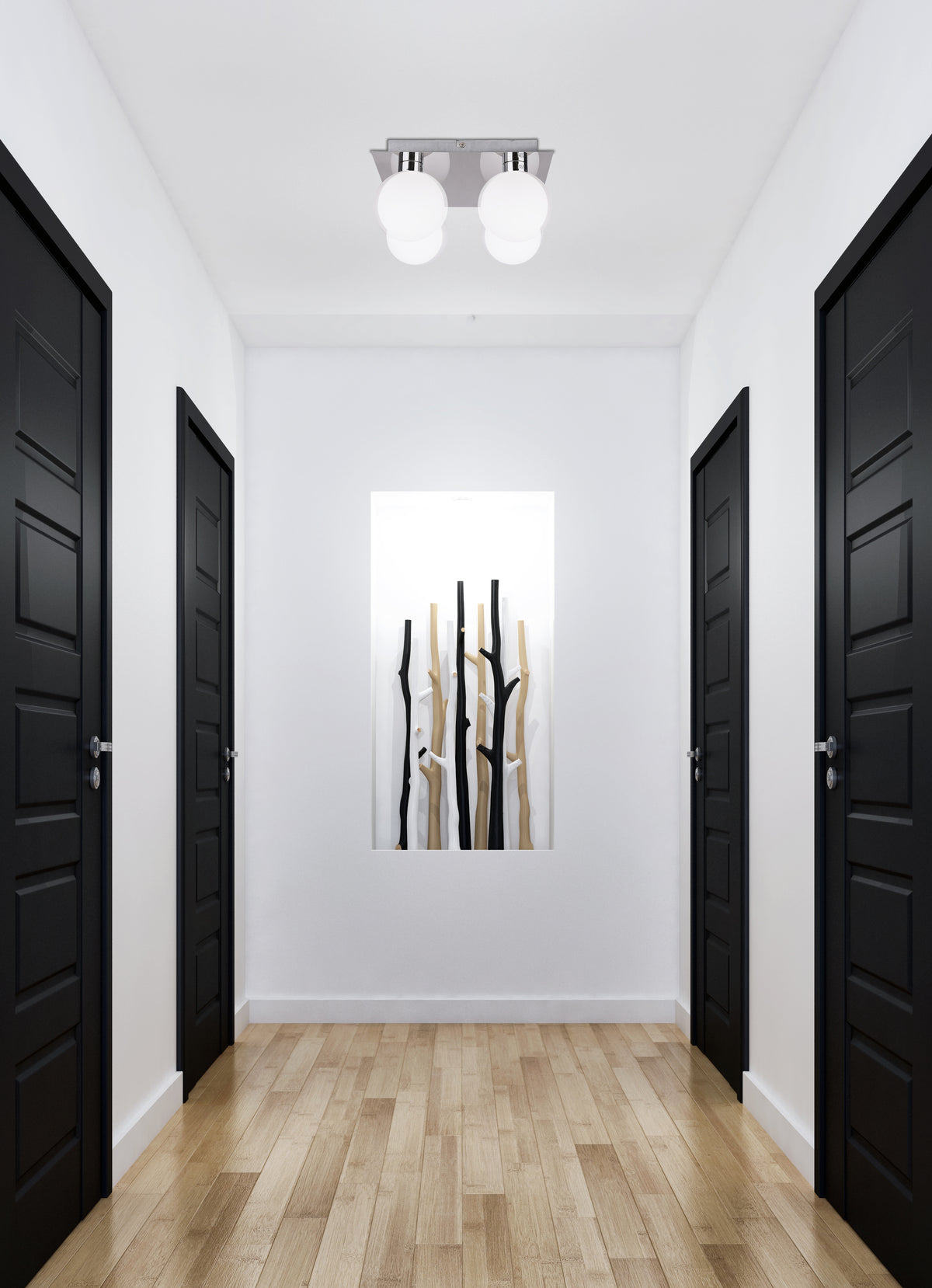 Le luminaire éclaire un couloir blanc aux portes noires, vu dans l'axe