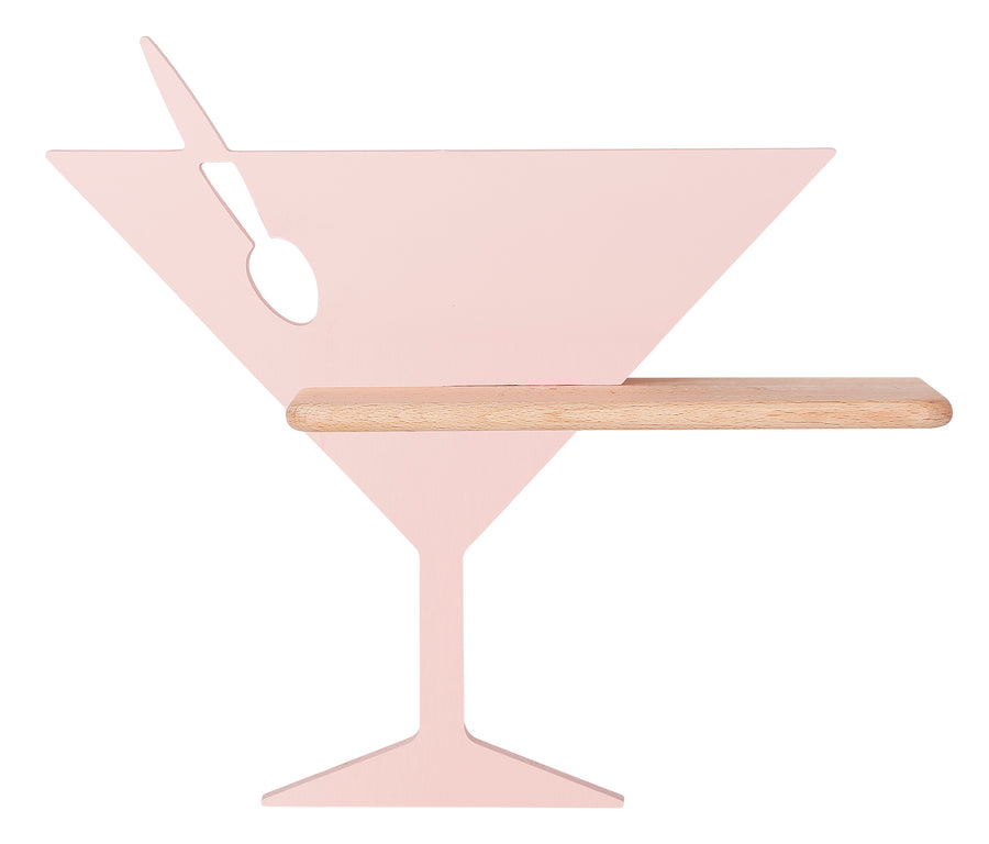 Version rose poudré présentée de face, tablette en bois clair dessous