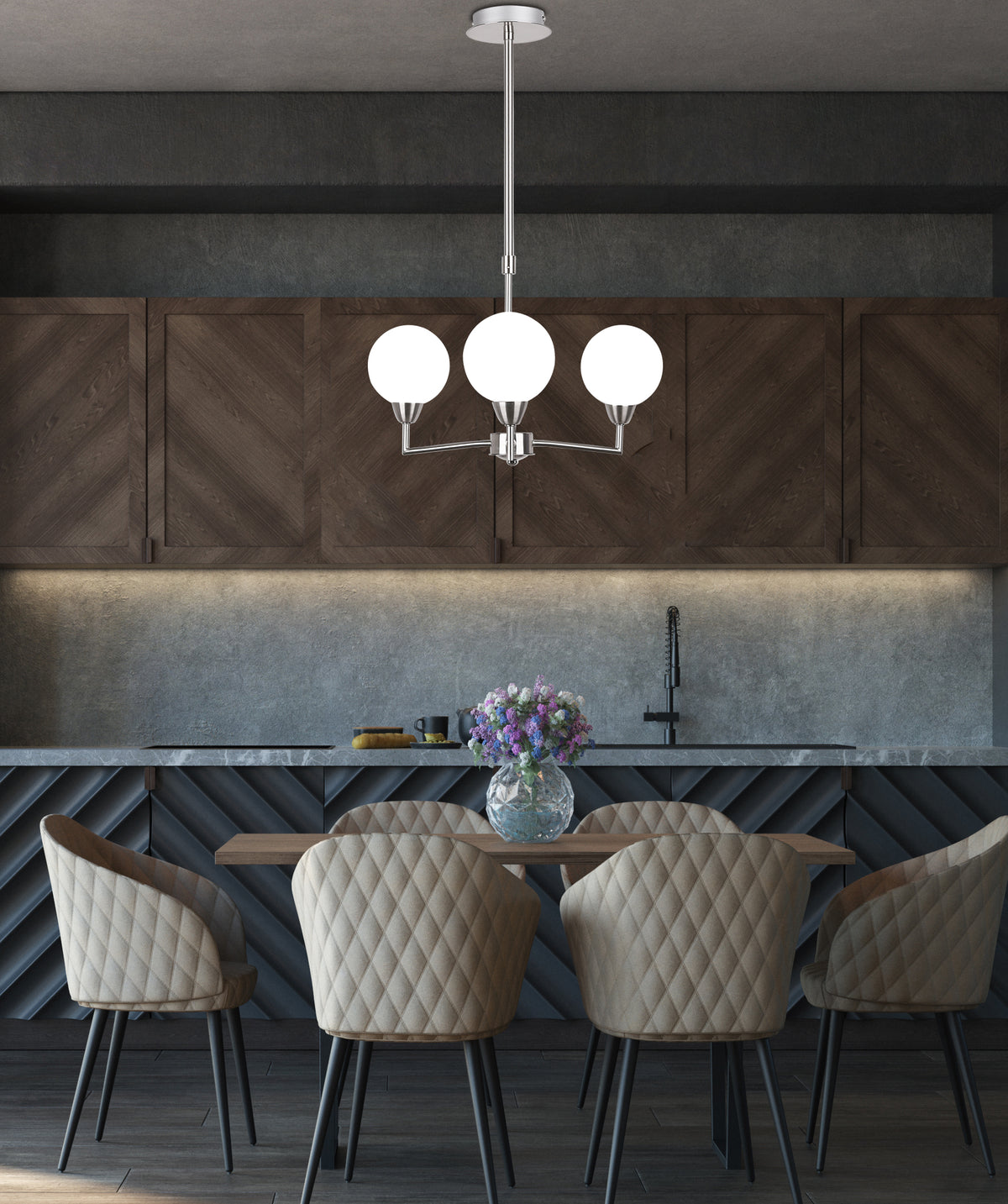 Luminaire suspendu au-dessus d'une table de cuisine en ambiance, trois globes allumés