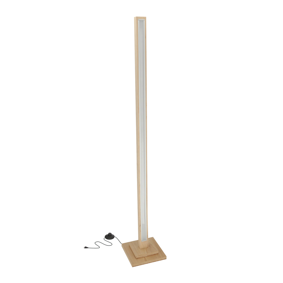 Produit entier de face, base carrée en bois et interrupteur noir sur câble