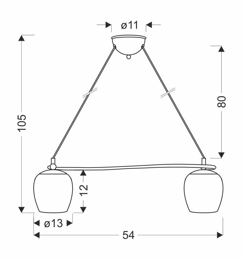 Schéma technique coté : hauteur 105 cm, largeur 54 cm, diamètre des diffuseurs 13 cm
