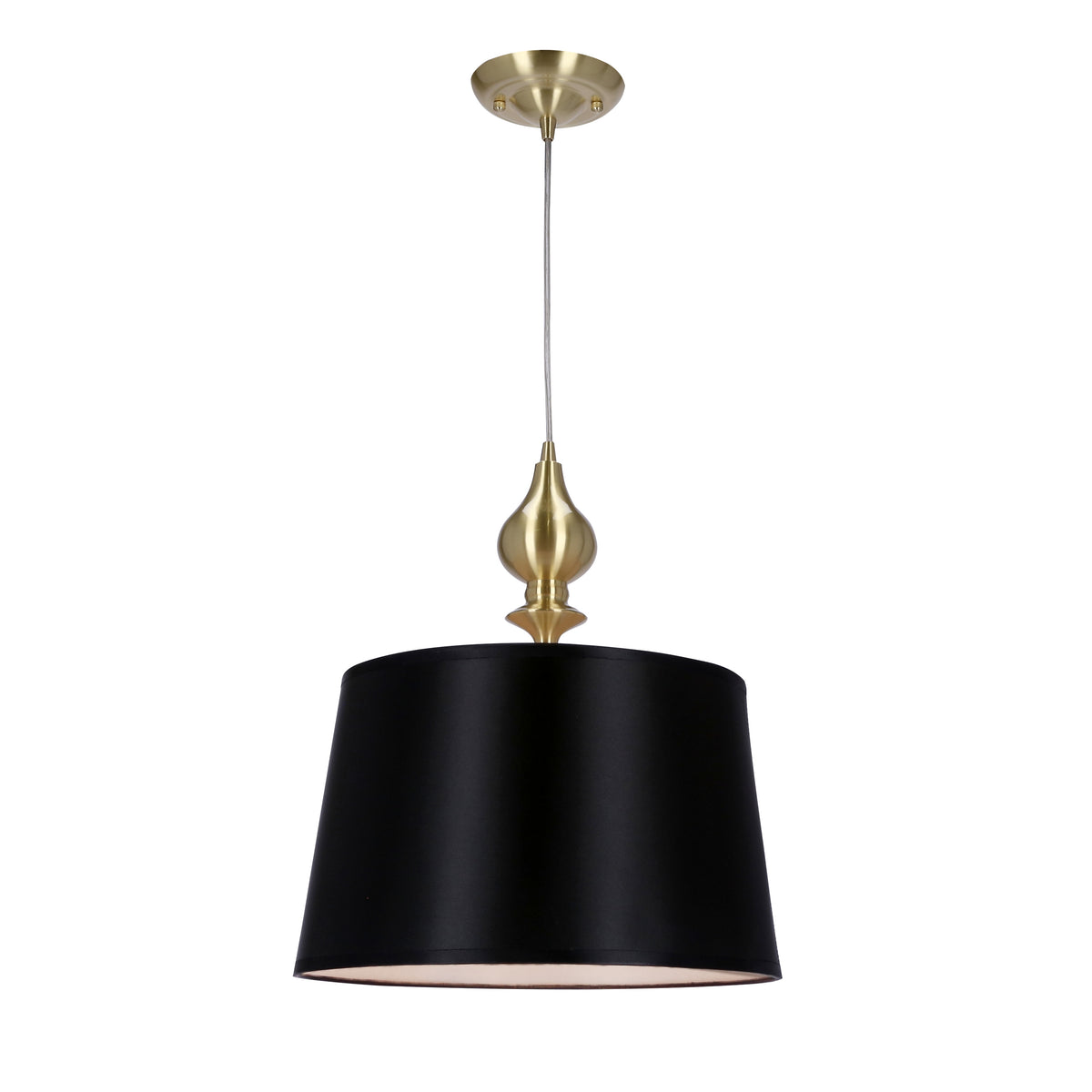 Vue d'ensemble du luminaire suspendu, montrant la fixation dorée, le câble et l'abat-jour noir.