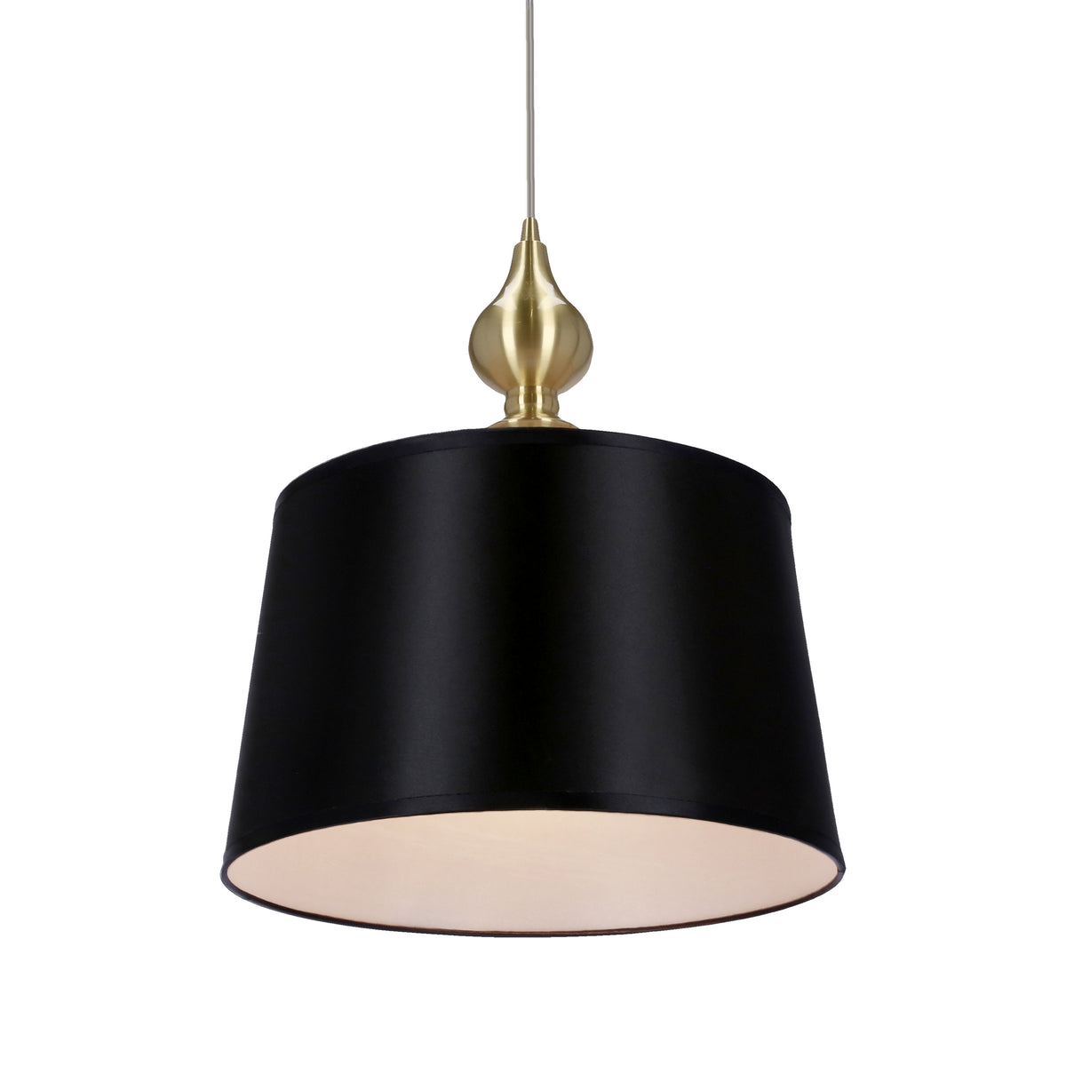 Vue par-dessous de l'abat-jour noir, intérieur blanc et forme conique évasée.
