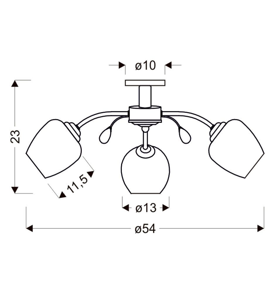 Schéma de dimensions cotées du plafonnier, diamètre total et hauteur indiqués.