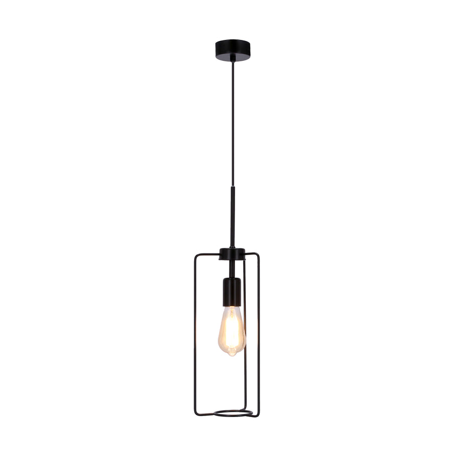 Même suspension allumée, montrant la lumière chaude diffusée par l'ampoule Edison dans la cage.