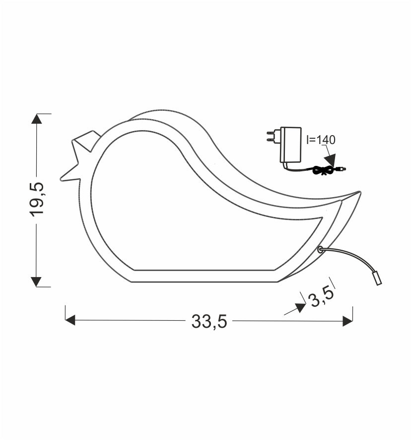 Schéma coté de la lampe oiseau, largeur 33,5 cm, hauteur 19,5 cm, câble et fiche