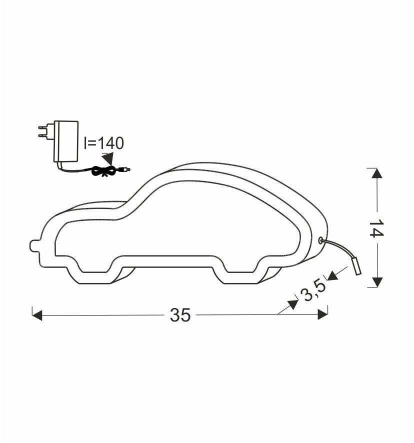 Schéma coté indiquant 35 cm de long, 14 cm de haut, 3,5 cm d'épaisseur