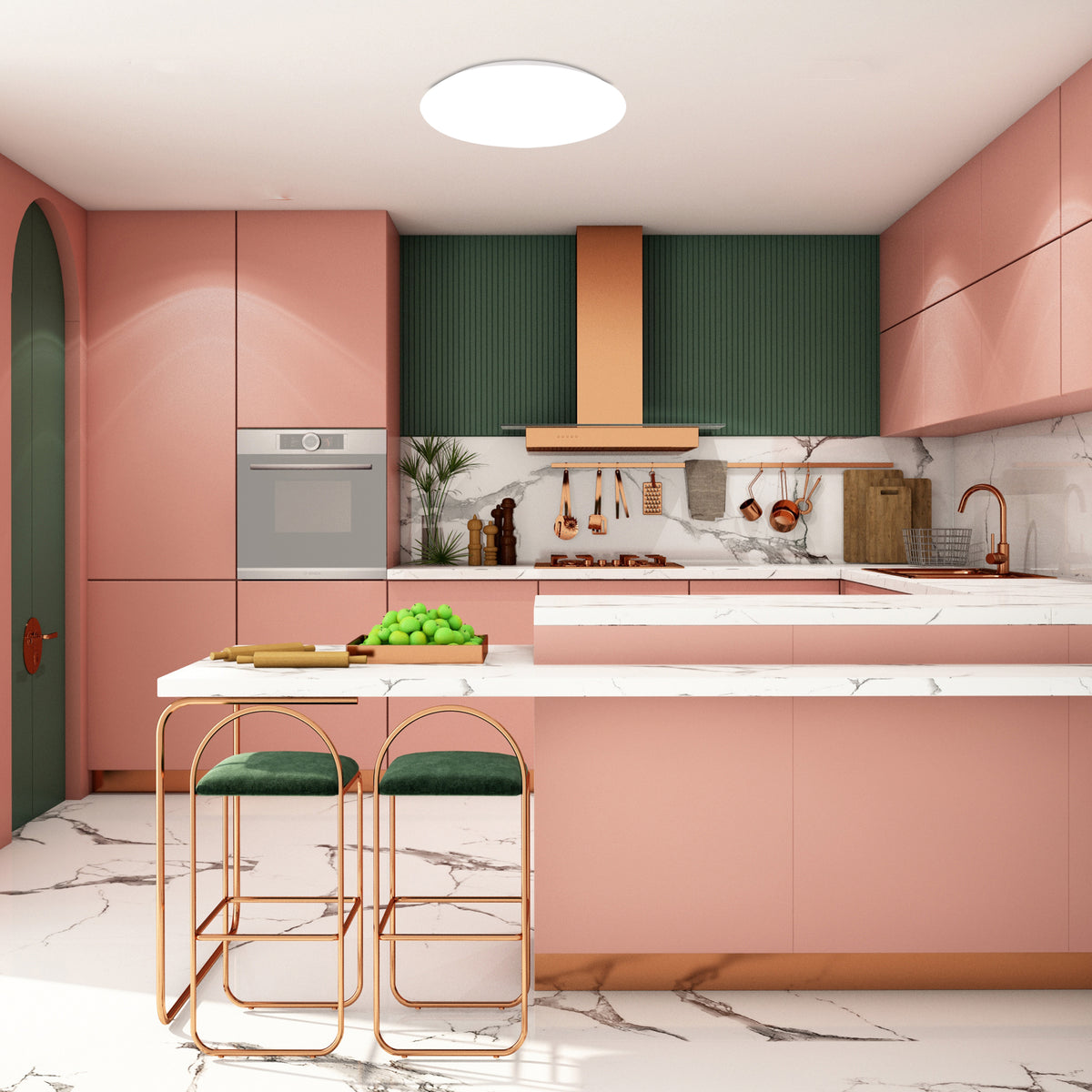 Mise en ambiance du plafonnier allumé au plafond d'une cuisine rose et verte.