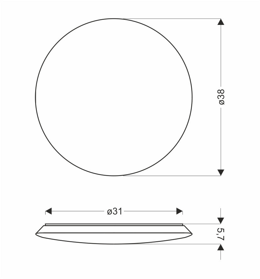 Schéma coté du plafonnier rond, diamètre 38 cm et hauteur 5,7 cm.