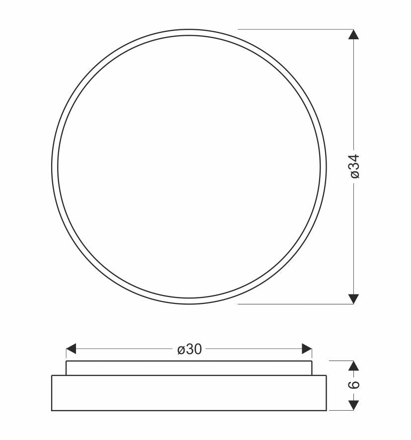 Schéma technique du plafonnier rond indiquant un diamètre de 34 cm et une épaisseur
